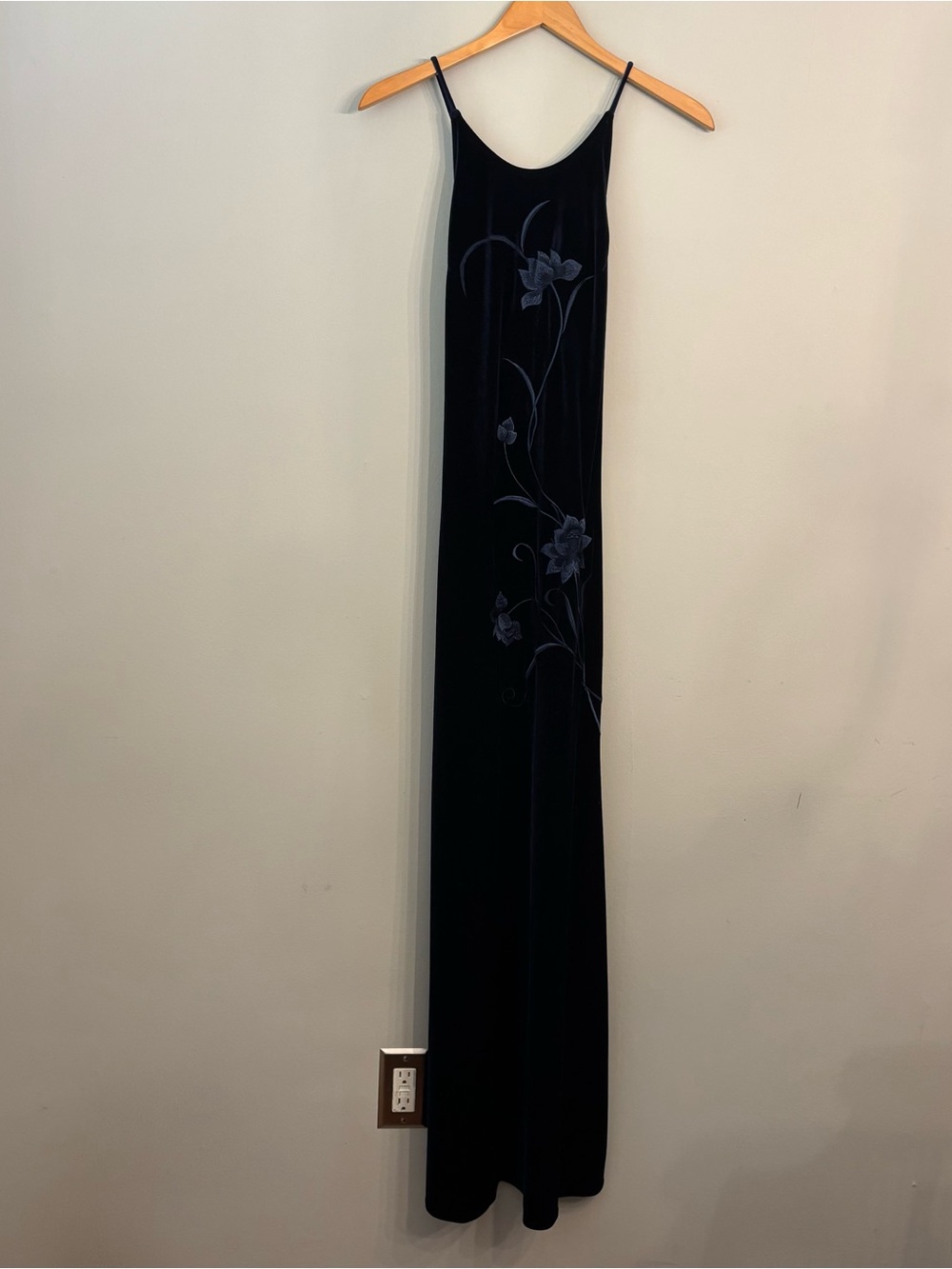 Navy Velvet Maxi Dress with Blue Floral Accents